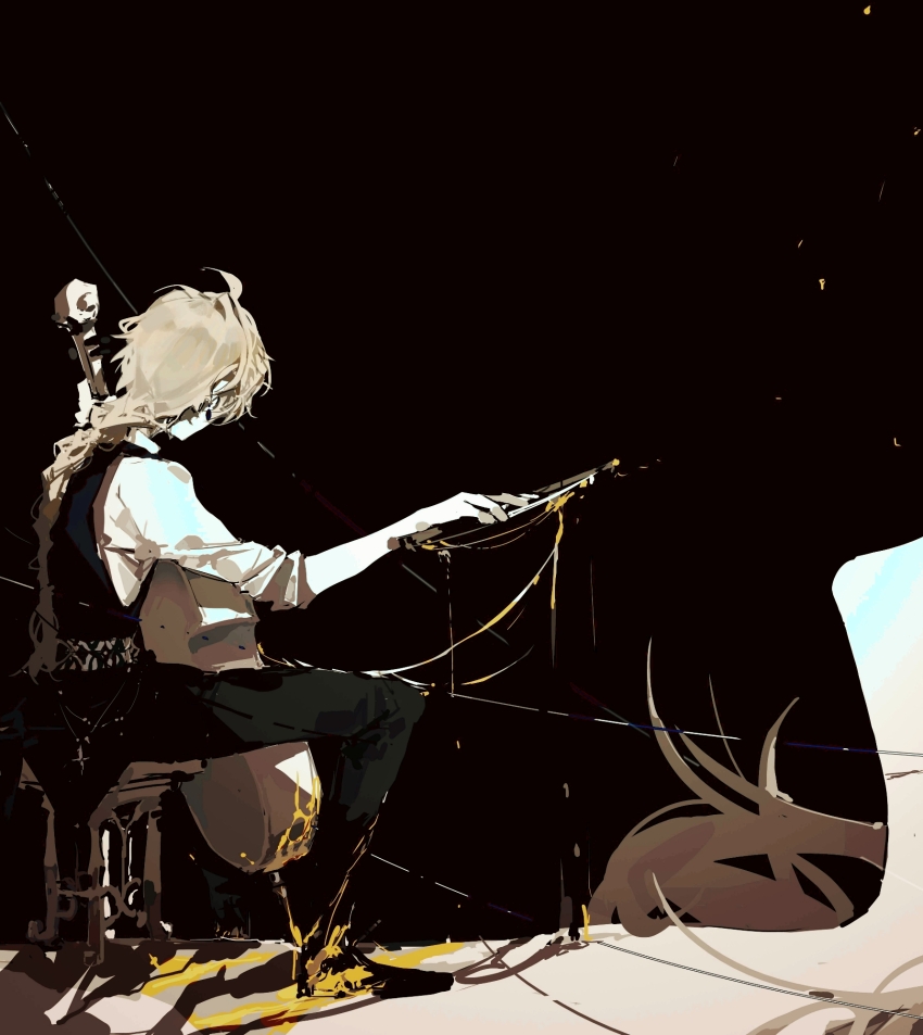 2boys, aether_(genshin_impact), ahoge, albedo_(genshin_impact), ateveryone, black_background, black_pants, black_shoes, black_vest, blonde_hair, blood, blood_drip, blood_on_clothes, blood_on_instrument, bow_(music), braid, cello, chinese_commentary, commentary_request, cross, earrings, facing_away, from_side, full_body, genshin_impact, giant, head_out_of_frame, highres, holding, holding_bow_(music), holding_instrument, instrument, jewelry, long_hair, multiple_boys, pants, shirt, shoes, simple_background, single_braid, sitting, sitting_on_person, size_difference, sleeves_rolled_up, solo_focus, stool, string, vest, wallet_chain, white_shirt, yellow_blood