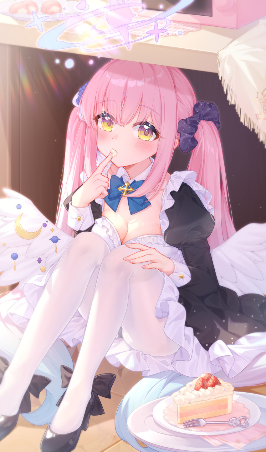 1girl, absurdres, akovo, alternate_costume, apron, black_dress, black_shoes, blue_archive, blue_bow, blue_bowtie, blush, bow, bowtie, breasts, cake, cleavage, commentary, cream_on_finger, detached_collar, dress, eating, enmaided, feathered_wings, food, hair_ornament, hair_scrunchie, halo, high_heels, highres, indoors, juliet_sleeves, long_hair, long_sleeves, looking_at_viewer, maid, medium_breasts, mika_(blue_archive), pantyhose, pink_hair, puffy_sleeves, scrunchie, shoes, sitting, solo, strawberry_shortcake, twintails, under_table, white_apron, white_pantyhose, white_wings, wings, wrist_cuffs, yellow_eyes