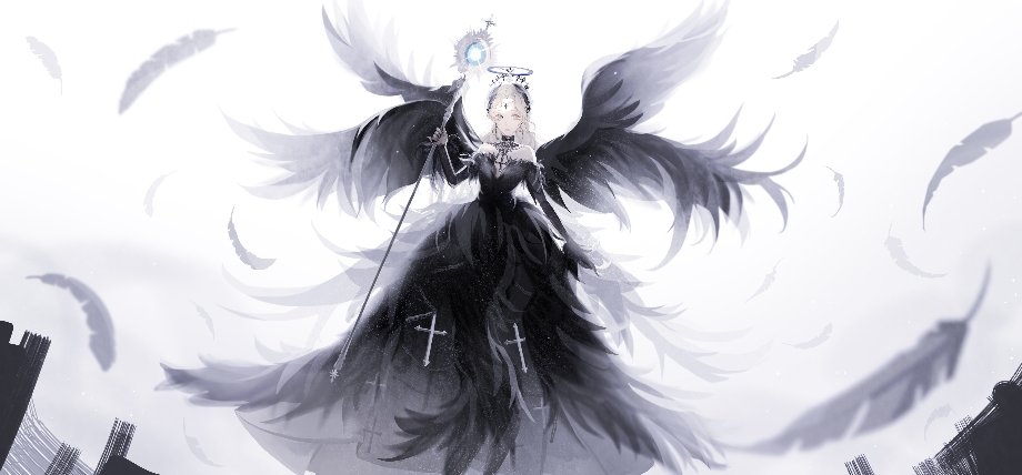 1girl, angel_wings, black_collar, black_dress, black_halo, black_wings, blonde_hair, chinese_commentary, closed_mouth, collar, commentary_request, cross, cross_earrings, cross_print, cross_tattoo, detached_collar, dress, dustless_feathers_(shining_nikki), earrings, expressionless, feather-trimmed_dress, feather_hair_ornament, feathered_wings, feathers, floating, forehead_tattoo, full_body, gown, hair_ornament, halo, holding, holding_staff, jewelry, light_particles, long_dress, long_hair, looking_at_viewer, miqing, multiple_wings, nikki_(series), parted_bangs, print_dress, ruins, seraph, shining_nikki, solo, spread_wings, staff, tattoo, traditional_halo, white_background, wings, yellow_eyes