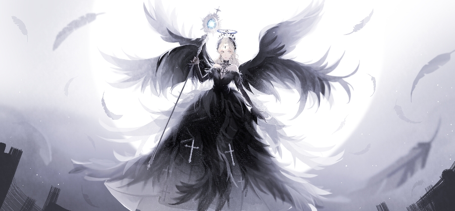 1girl, angel_wings, black_collar, black_dress, black_halo, black_wings, blonde_hair, chinese_commentary