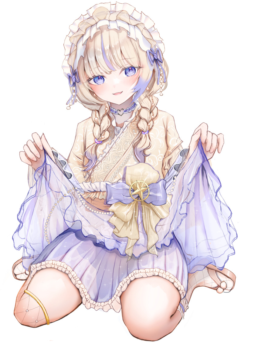 1girl, absurdres, asymmetrical_legwear, blonde_hair, braid, choker, commentary_request, fishnet_socks, fishnet_thighhighs, fishnets, frills, full_body, hair_ornament, hairband, highres, hololive, hololive_dev_is, japanese_clothes, kimono, lolita_hairband, long_hair, looking_at_viewer, low_twin_braids, multicolored_hair, parted_lips, purple_eyes, purple_hair, sandals, simple_background, sitting, smile, socks, solo, streaked_hair, tabi, thighhighs, tk@illustration, todoroki_hajime, todoroki_hajime_(new_year), twin_braids, uneven_legwear, virtual_youtuber, wariza, white_background