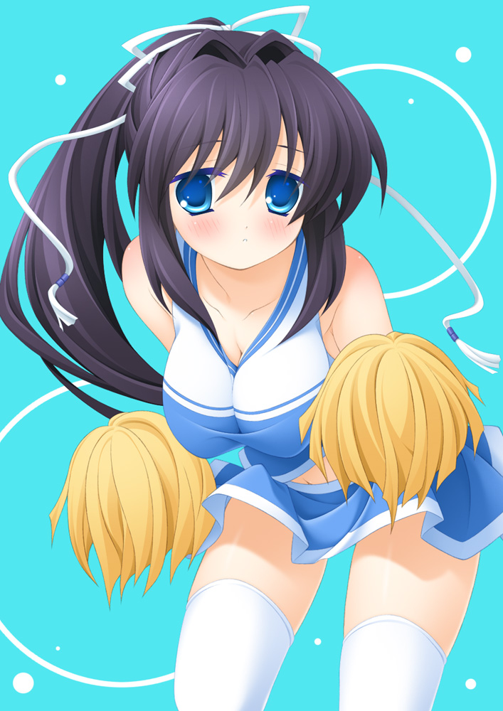 10s, 1girl, bad_id, bad_pixiv_id, blush, cheerleader, female_focus, hair_ribbon