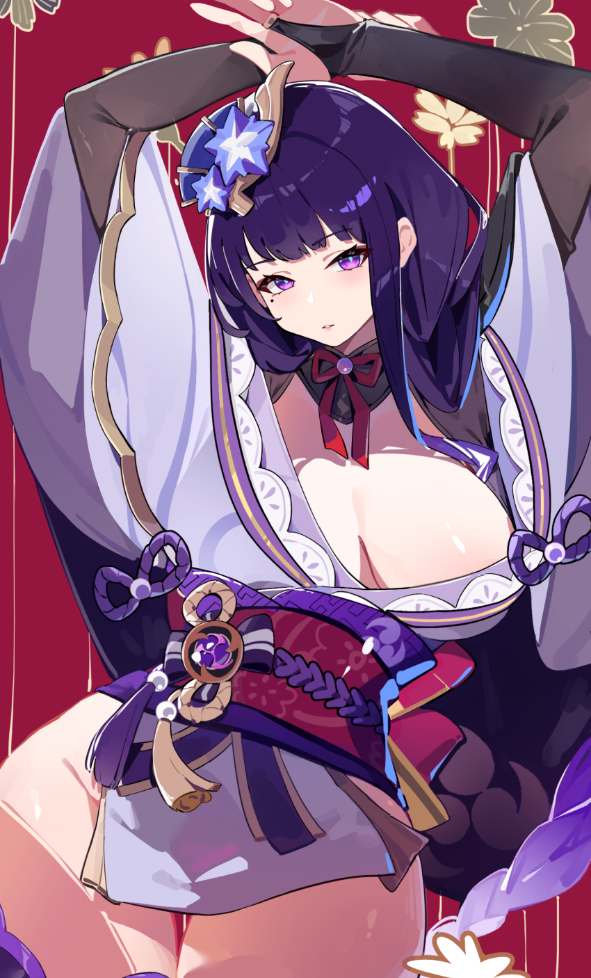 1girl, alternate_breast_size_(larger), arms_up, black_bridal_gauntlets, blue_pupils, breasts, bridal_gauntlets, chinese_commentary