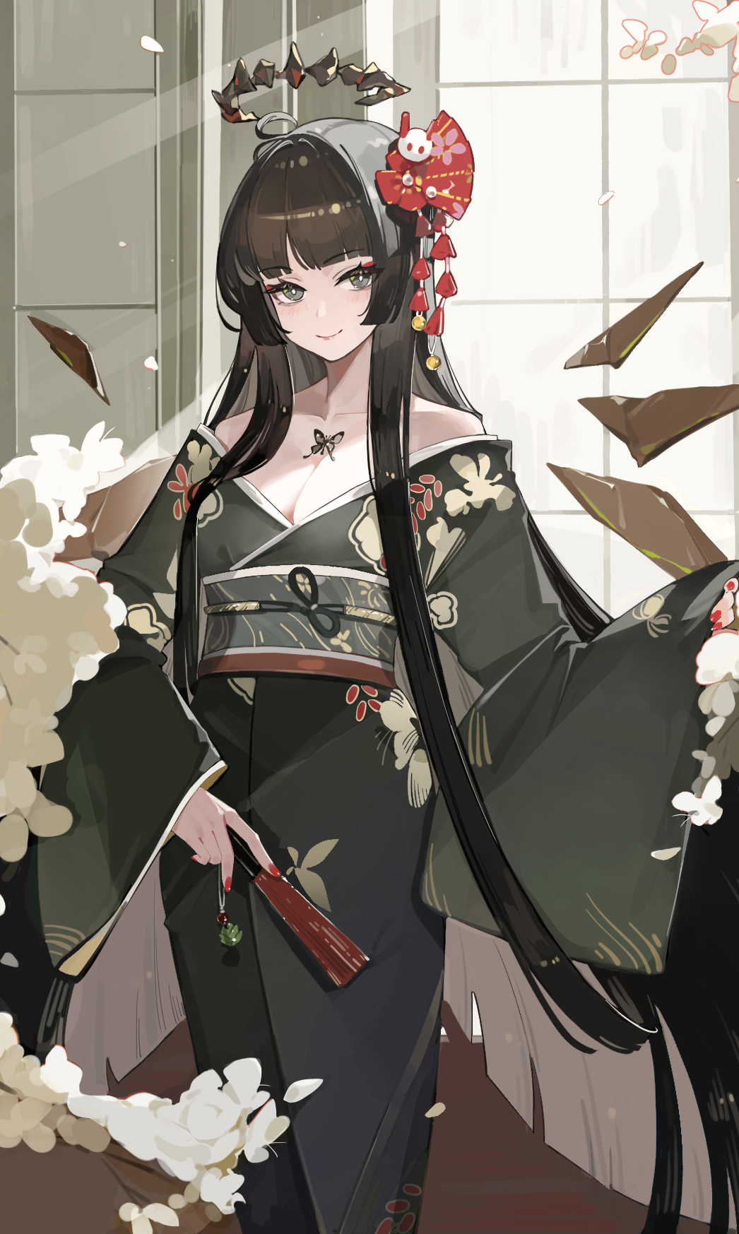 1girl, ahoge, alternate_costume, arknights, black_eyes, black_hair, black_kimono, breasts