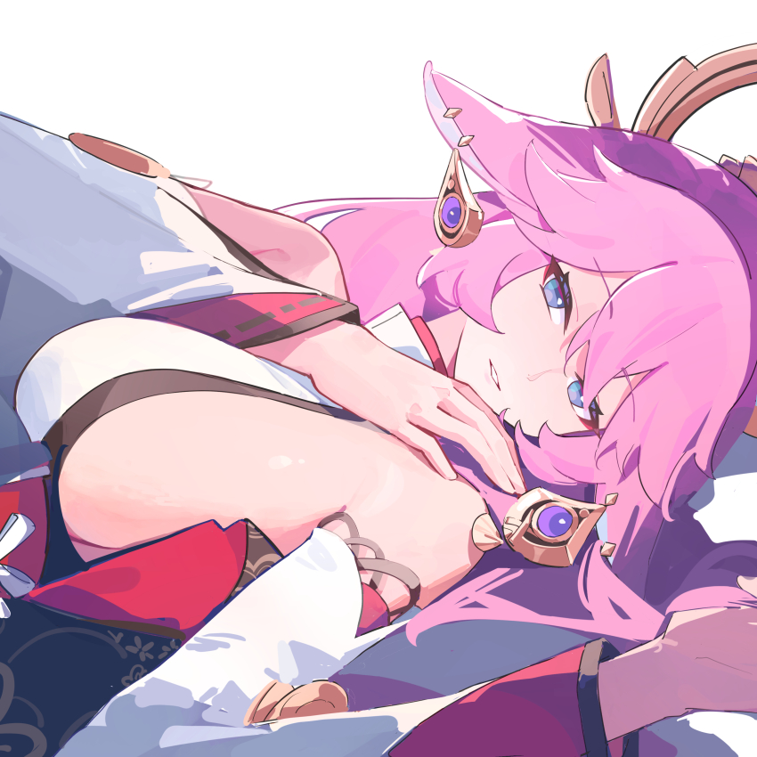 1girl, absurdres, blue_eyes, breasts, chinese_commentary, chongchongbao_mushi, commentary_request, droopy_ears, earrings, genshin_impact, hair_between_eyes, hands_up, highres, jewelry, large_breasts, long_hair, looking_at_viewer, looking_to_the_side, parted_lips, pink_hair, sideboob, solo, turning_head, upper_body, yae_miko