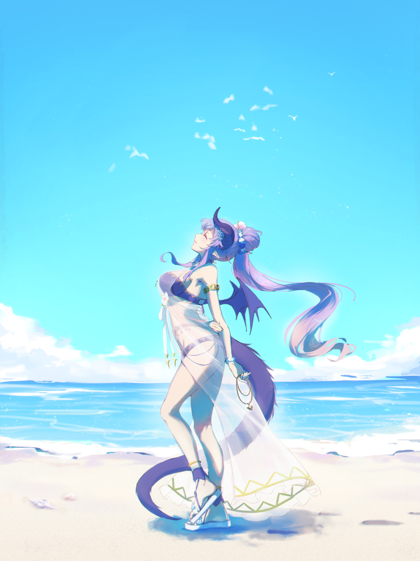1girl, absurdres, beach, bikini, blue_sky, breasts, commentary_request, curled_horns