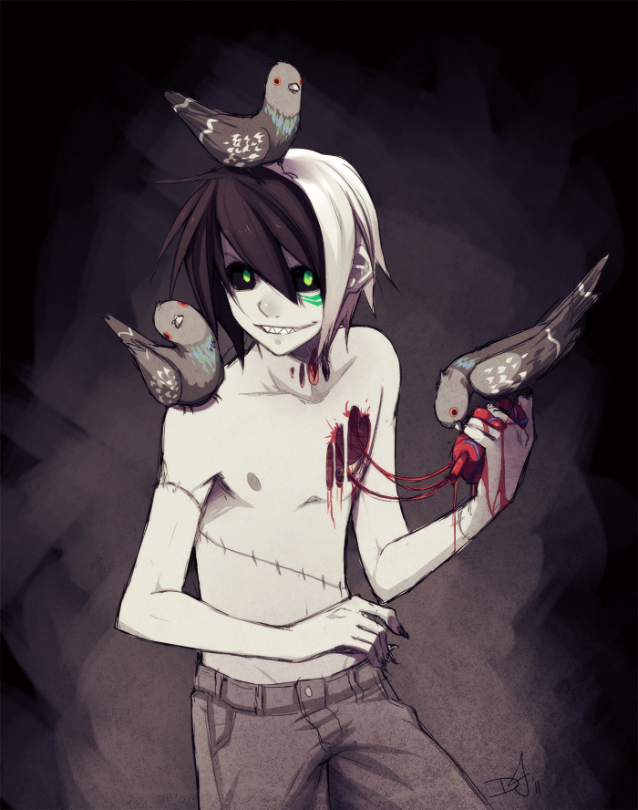 1boy, animal, animal_on_head, animal_on_shoulder, bird, bird_on_hand, bird_on_head, bird_on_shoulder, black_background, black_sclera, blood, colored_sclera, facial_mark, frzdragon, green_eyes, grey_theme, guro, heart_(organ), male_focus, multicolored_hair, on_head, original, pigeon, scar, sharp_teeth, solo, split-color_hair, teeth, topless_male, two-tone_hair