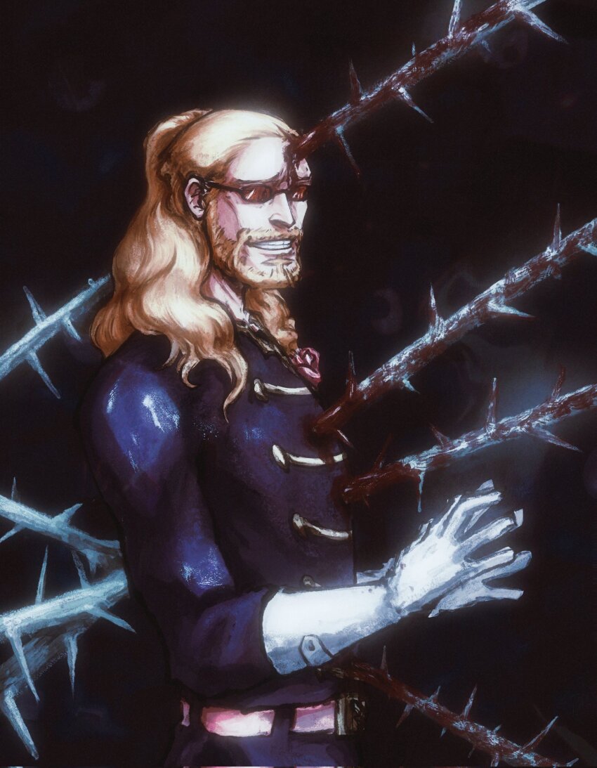 1boy, album-aurum, beard, blonde_hair, blood, brown-tinted_eyewear, commentary, dark_background