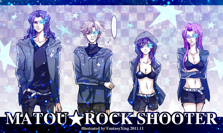 ..., 2boys, 2girls, belt, berserker_(fate/zero), bikini, bikini_top_only, black_rock_shooter