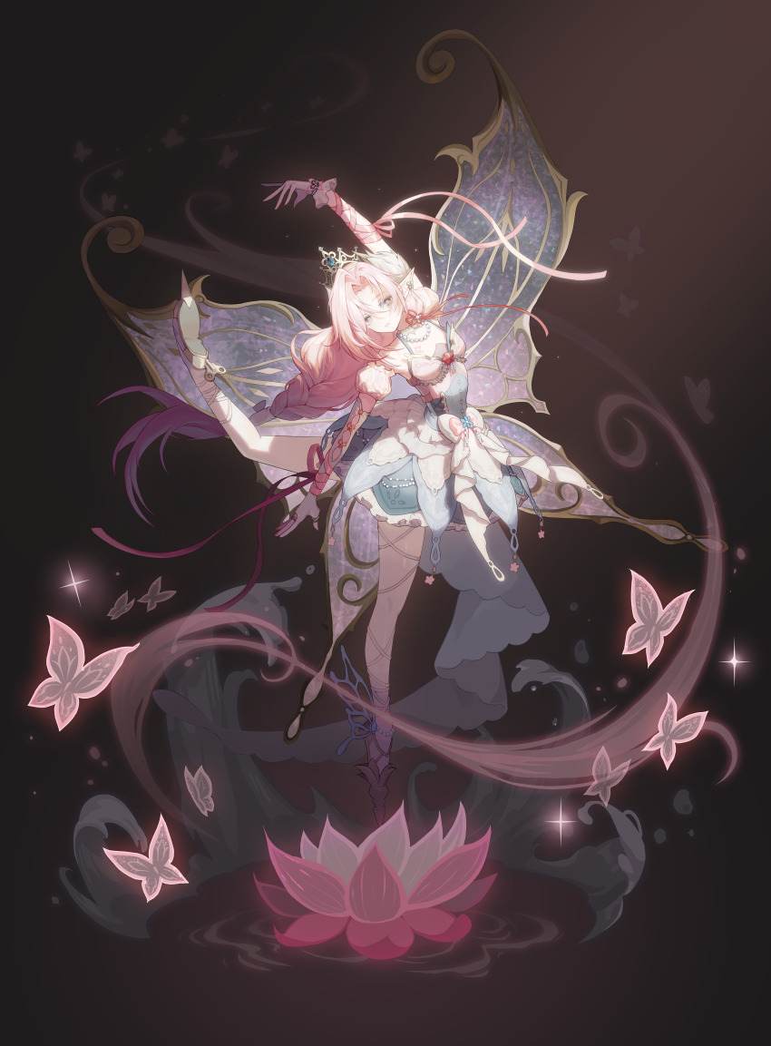 1girl, :|, absurdres, arched_back, arm_ribbon, arm_up, asymmetrical_gloves, attitude_derriere, ballerina, ballet, ballet_slippers, black_background, blue_corset, blue_dress, blue_eyes, bow, braid, breasts, bright_pupils, brooch, bug, butterfly, butterfly-shaped_pupils, butterfly_earrings, butterfly_facial_mark, butterfly_tattoo, butterfly_wings, chest_tattoo, choker, circle_facial_mark, circle_skirt, closed_mouth, colored_eyelashes, commentary, corset, curtained_hair, d_yoong, dancing, detached_sleeves, dress, earrings, elbow_gloves, en_pointe, expressionless, facial_mark, fairy, flower, flower_knot, frills, full_body, gloves, gold_tiara, hair_between_eyes, hair_tubes, halter_dress, halterneck, highres, insect, insect_wings, iridescent, iridescent_wings, jewelry, lace, lace_choker, layered_dress, leg_ribbon, light_particles, long_bangs, long_hair, looking_at_viewer, lotus, low-braided_long_hair, low-tied_long_hair, mark_under_eye, middle_ring, mismatched_eyelashes, multicolored_dress, multicolored_eyes, necklace, original, partially_fingerless_gloves, pearl_necklace, petticoat, pink_bow, pink_butterfly, pink_flower, pink_hair, pink_ribbon, pink_tattoo, plantar_flexion, pointy_ears, pointy_shoes, puffy_detached_sleeves, puffy_sleeves, red_eyes, ribbon, shoe_soles, shoes, short_dress, short_sleeves, sidelighting, single_hair_tube, small_breasts, spiked_shoes, spikes, split, spotlight, standing, standing_on_one_leg, standing_split, symbol-shaped_pupils, tattoo, tiara, tutu, two-tone_eyes, underbust, uneven_gloves, waist_bow, white_bow, white_choker, white_gloves, winder, wings, yellow_pupils