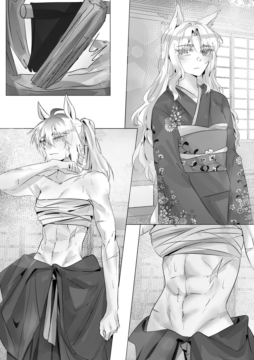 1girl, abs, b_lt, gold_ship_(umamusume), monochrome, oguri_cap_(umamusume), sarashi, sweat