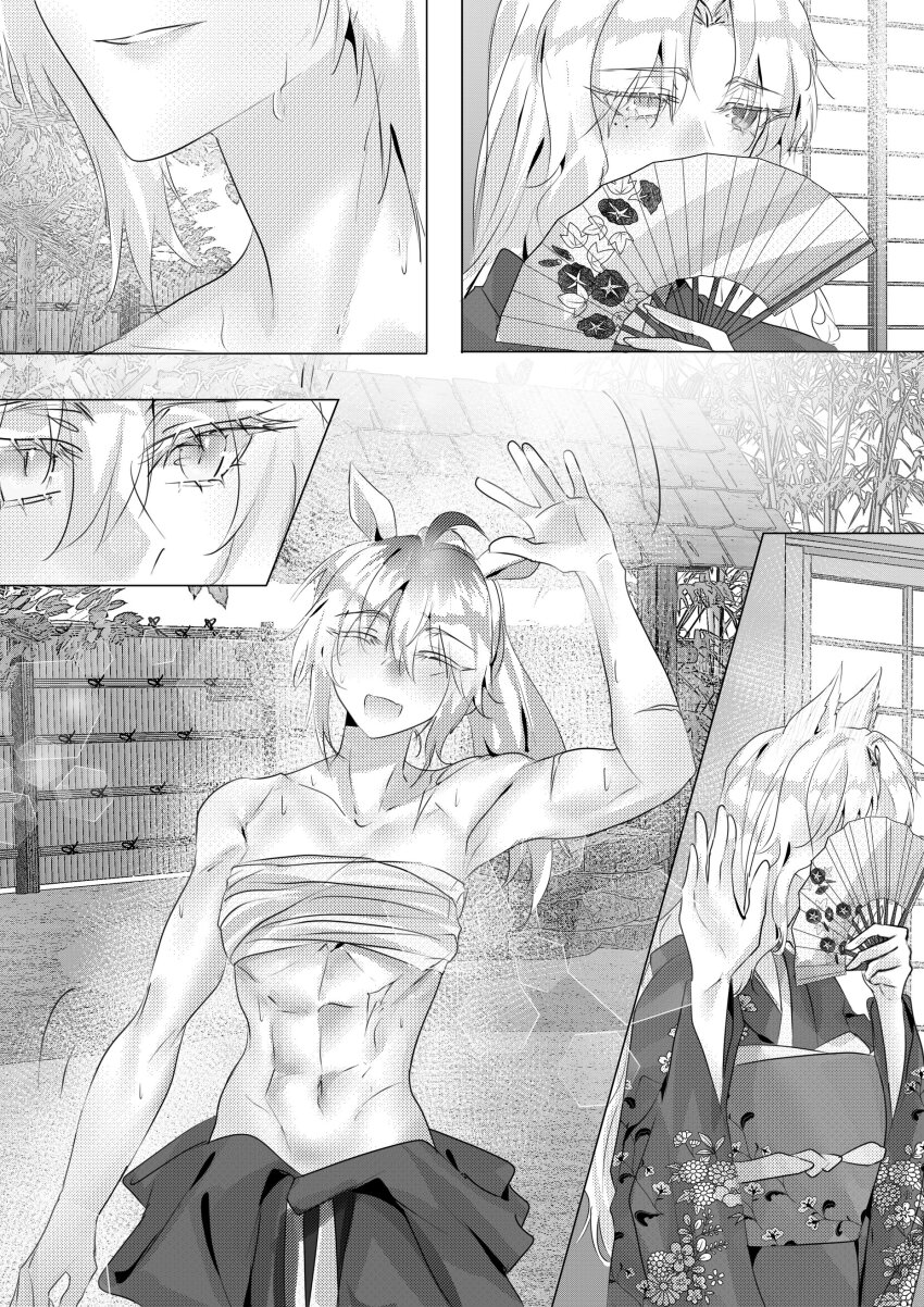 1girl, abs, b_lt, gold_ship_(umamusume), monochrome, oguri_cap_(umamusume), sarashi, sweat