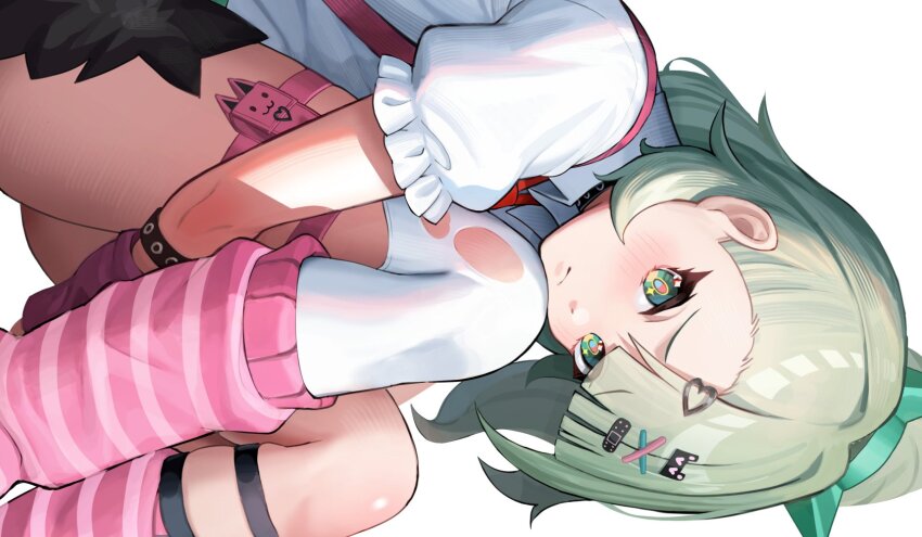 1girl, arm_warmers, backpack, bag, black_skirt, blush, commentary_request, green_eyes