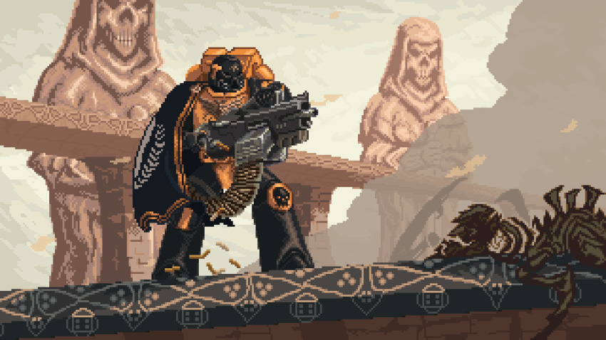 1boy, adeptus_astartes, animated, animated_gif, armor, astartes_(web_animation), bridge, heavy_bolter, helmet, highres, holding_bolter, pixel_art, power_armor, scythes_of_the_emperor, shell_casing, side_cape, skull, smoke, solo, statue, toniopxl, warhammer_40k