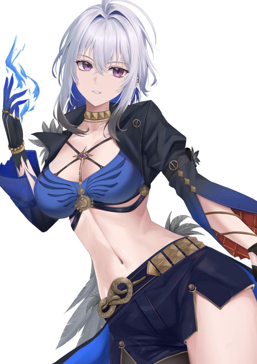 1girl, black_jacket, black_pantyhose, black_shorts, blue_bra, blue_hair, bra, breasts