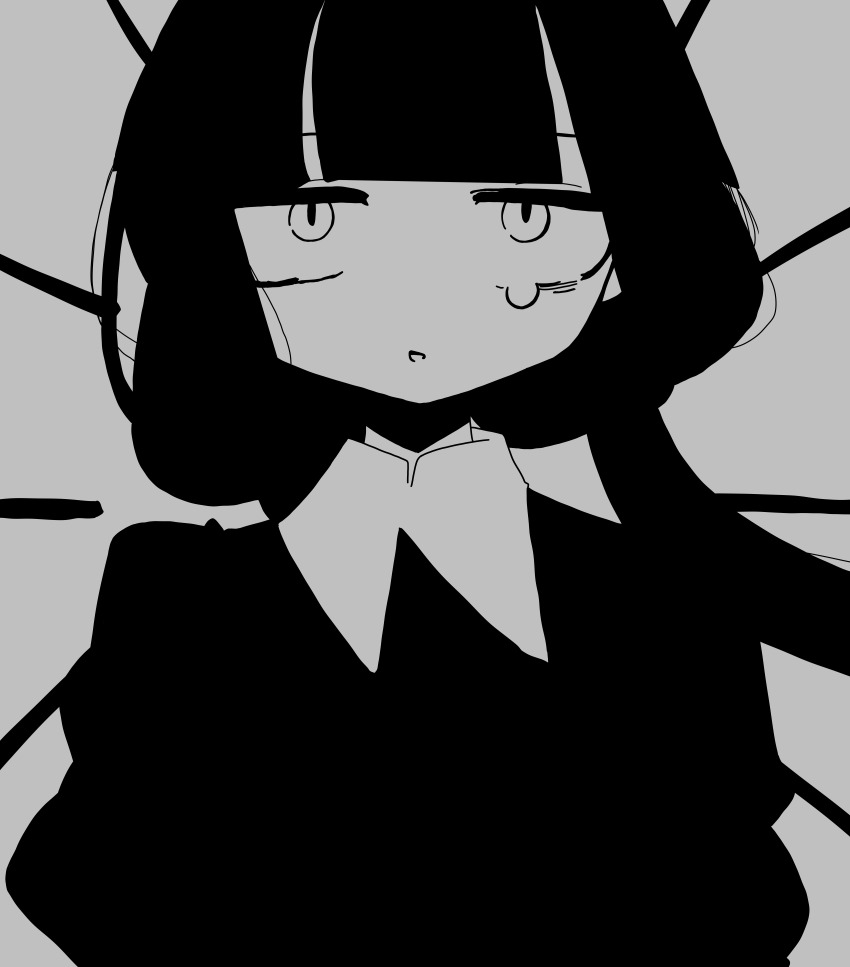 1girl, absurdres, blunt_bangs, collared_dress, commentary_request, dress, greyscale, high_contrast, highres, inabakumori, long_hair, looking_at_viewer, low_twintails, monochrome, nukunuku_nigirimeshi, osage_(nukunuku_nigirimeshi), puffy_sleeves, simple_background, solo, spot_late_(vocaloid), straight-on, twintails, upper_body, user_evpu2273
