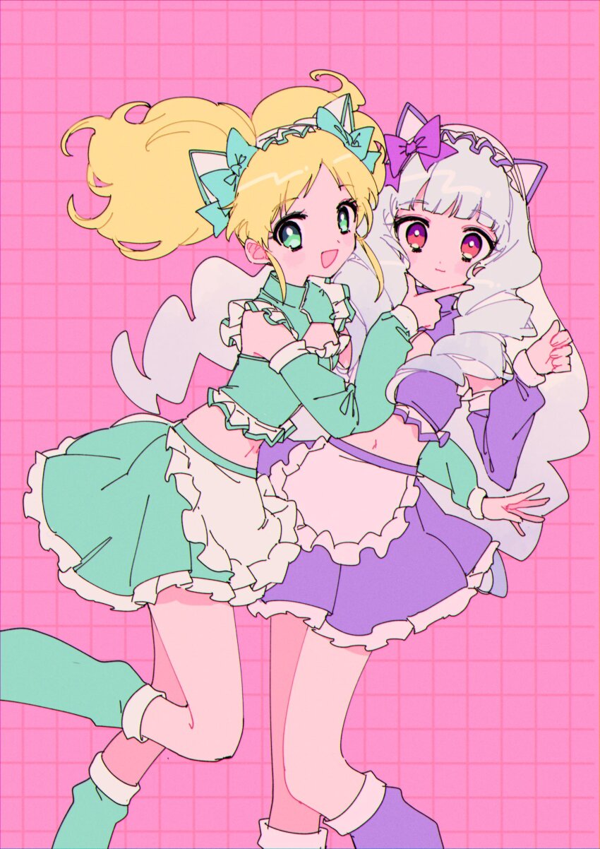 2girls, :d, aikatsu!_(series), aikatsu_stars!, animal_ear_hairband, animal_ears, apron, arm_between_breasts