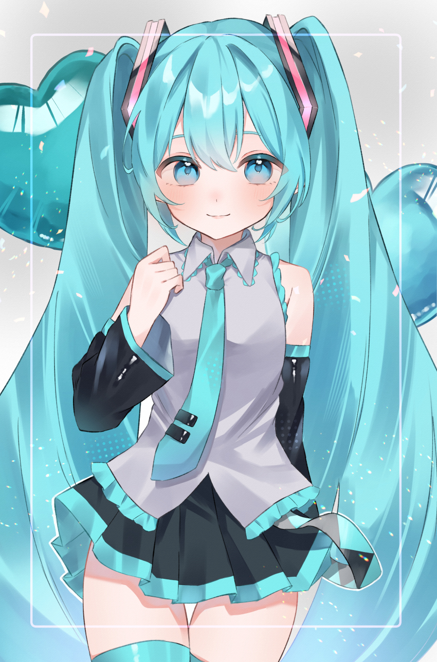 1girl, absurdres, aqua_eyes, aqua_hair, aqua_necktie, aqua_trim, balloon, black_skirt