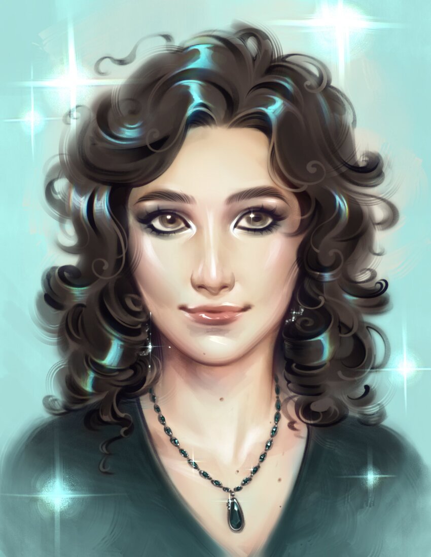 1girl, aqua_background, babybeetlekat, black_eyeshadow, black_shirt, border, brown_eyes, brown_hair