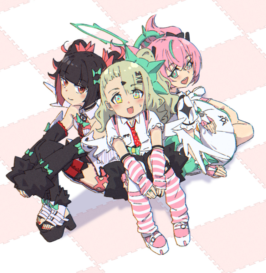 3girls, 53c_(ray_cordova), :d, angels_of_delusion, aria_(zenless_zone_zero), arm_warmers, black_hair, black_sandals