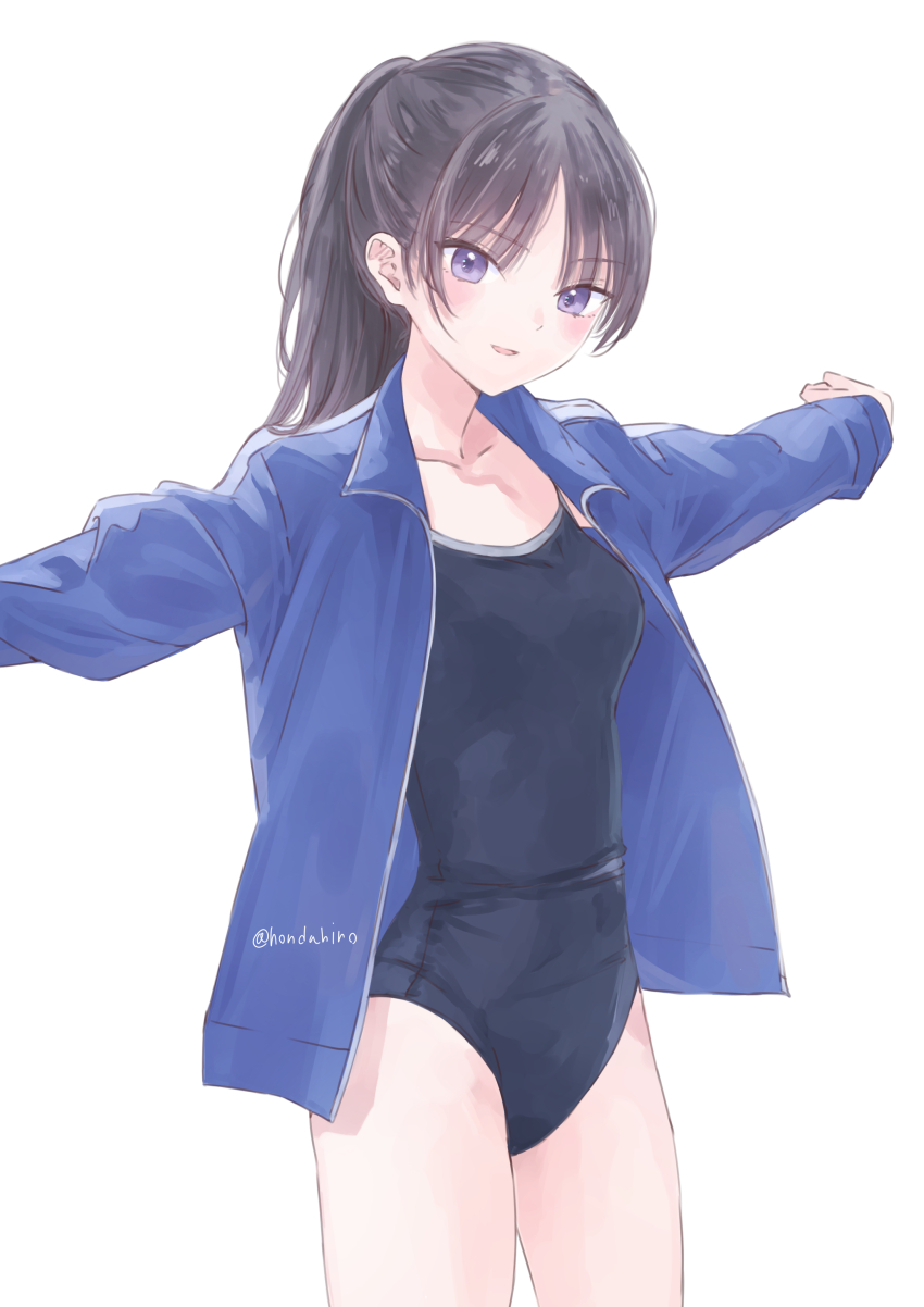 1girl, absurdres, black_hair, blue_eyes, blue_jacket, blue_one-piece_swimsuit, blush, breasts