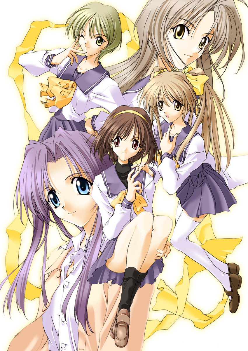 5girls, absurdres, black_socks, blue_eyes, bow, bowtie, brown_hair, futami_shion