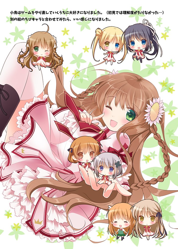 6+girls, :d, ^_^, asahina_yori, black_hair, black_ribbon, blonde_hair, blue_eyes