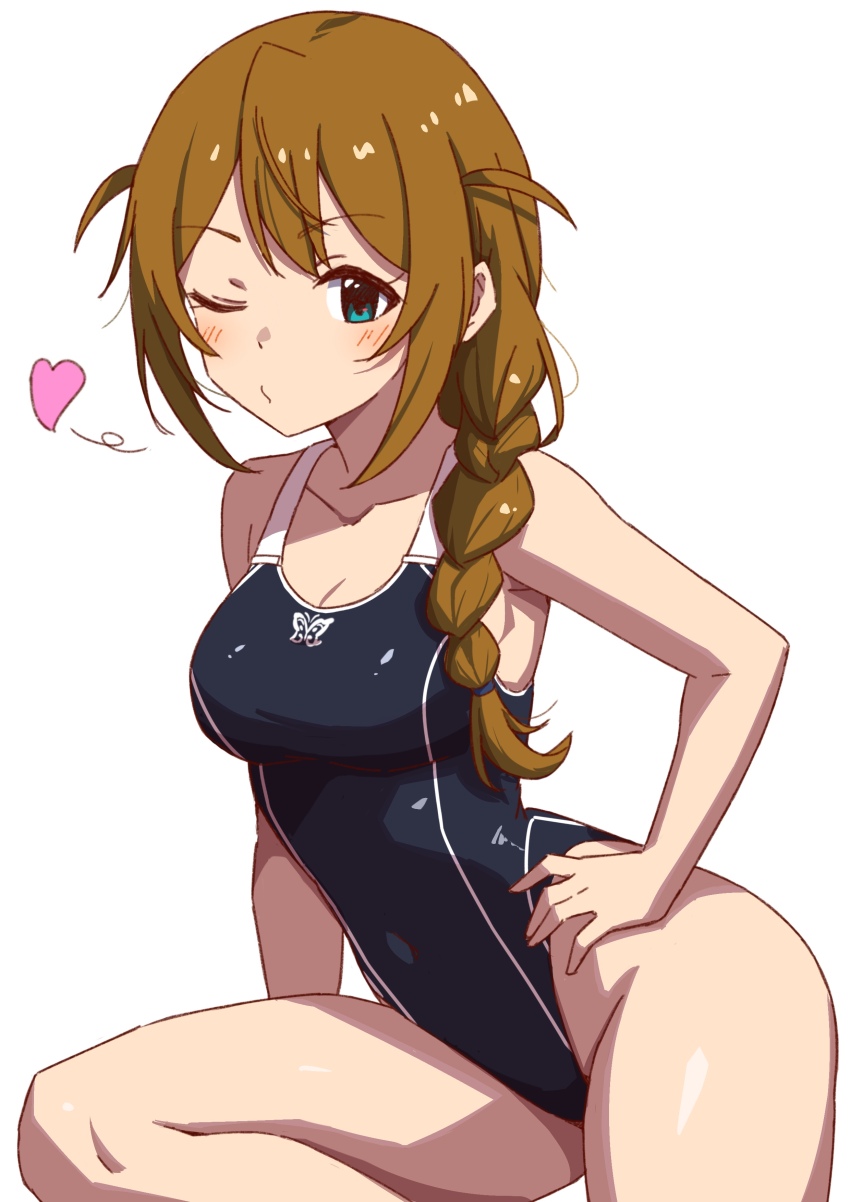 1girl, absurdres, baba_konomi, black_one-piece_swimsuit, blowing_kiss, braid, braided_ponytail, breasts