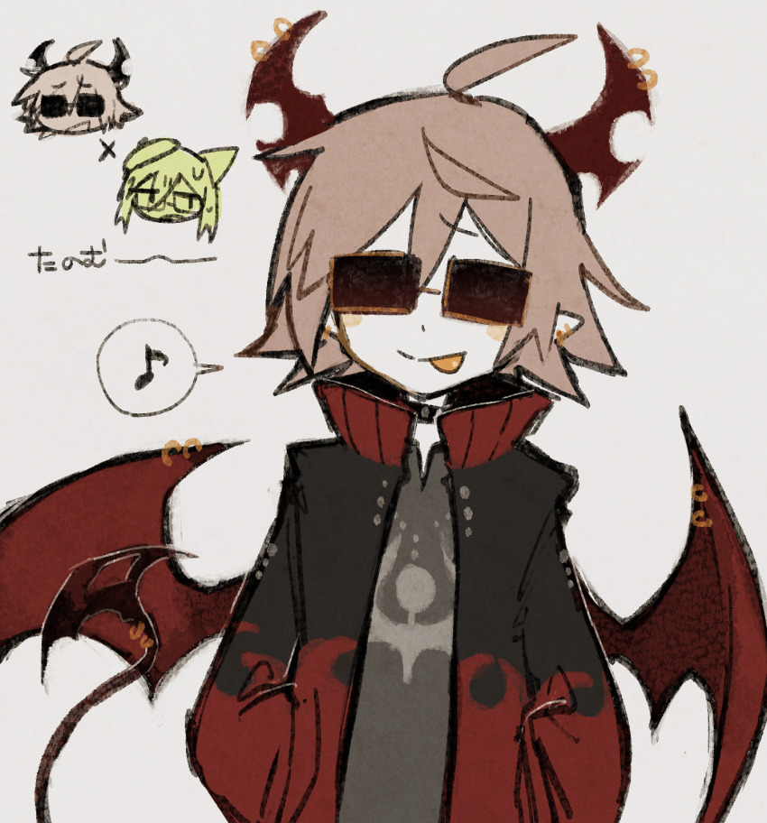 1boy, ahoge, black_jacket, brown_hair, caitromen, curved_horns, demon_boy, demon_horns