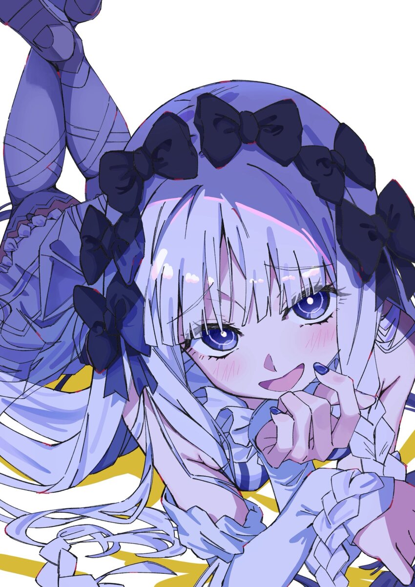 1girl, :d, bare_shoulders, black_bow, black_eyes, black_nails, blush, bow