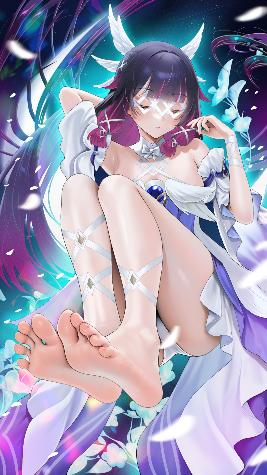 1girl, absurdres, bare_arms, bare_shoulders, barefoot, buko_(bukosuki), columbina_(genshin_impact), commentary_request