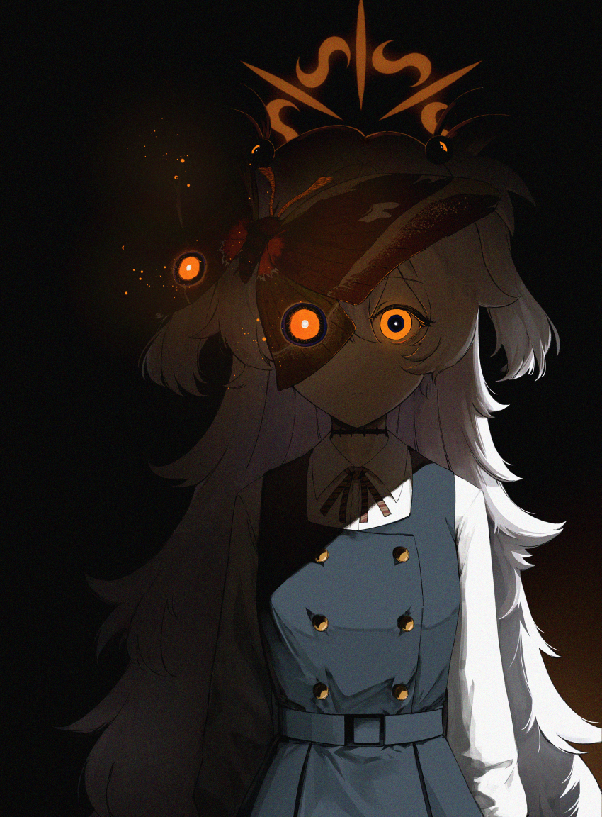 1girl, arms_at_sides, black_background, black_dress, blue_archive, breasts, bright_pupils, bug