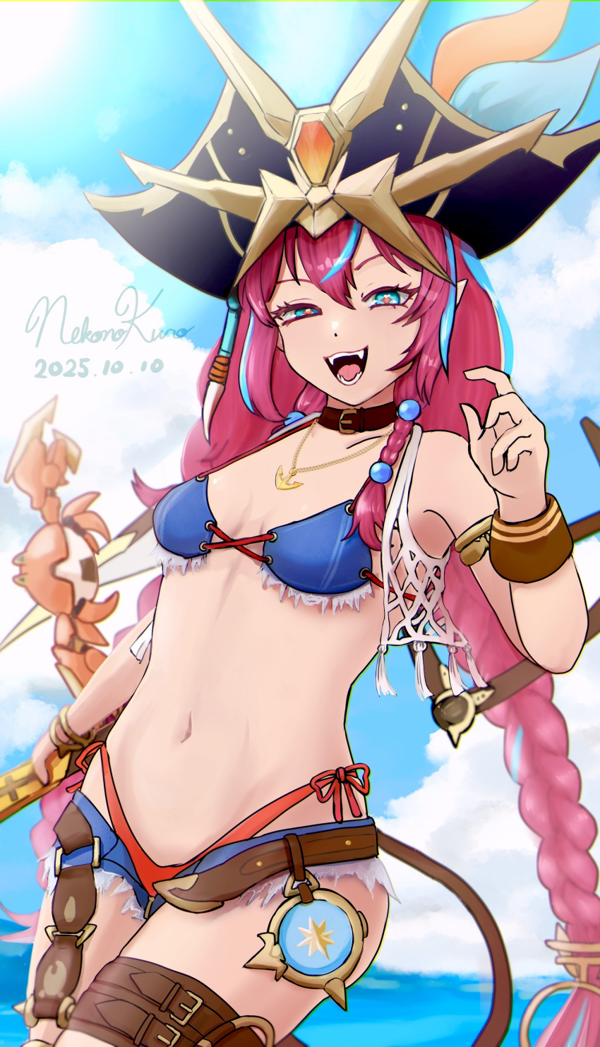 +_+, 1girl, absurdres, belt, bikini, blue_eyes, blue_hair, blue_streaks