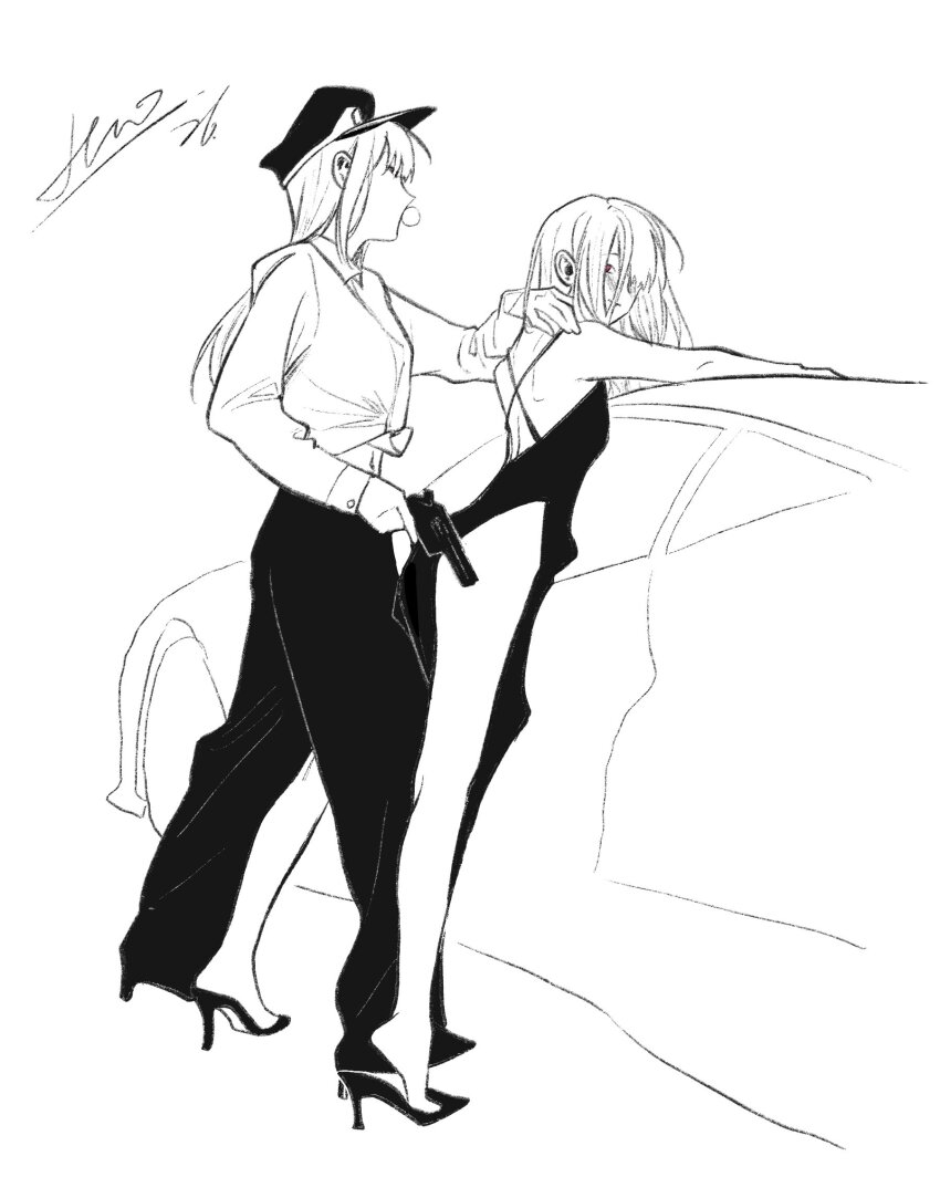 2girls, against_object, bang_dream!, bang_dream!_it's_mygo!!!!!, car, dress, greyscale, gun