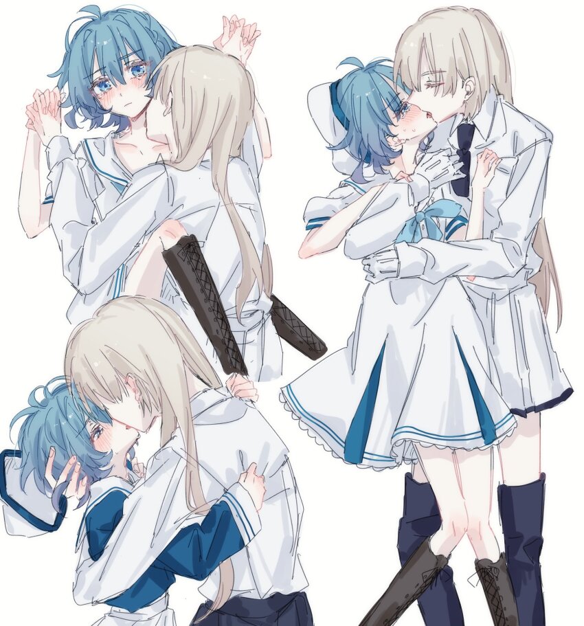 2girls, aquarium_wa_odoranai, between_legs, black_boots, blonde_hair, blue_eyes, blue_hair, blue_shirt