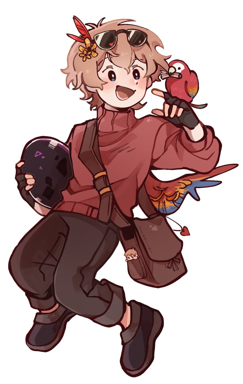 1boy, :d, absurdres, animification, anmitsu_(anmitsu40919780), bag, bag_charm, bird