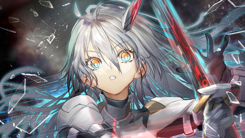 1girl, blue_eyes, broken_glass, duel_monster, glass, grey_armor, grey_hair, hashtag-only_commentary