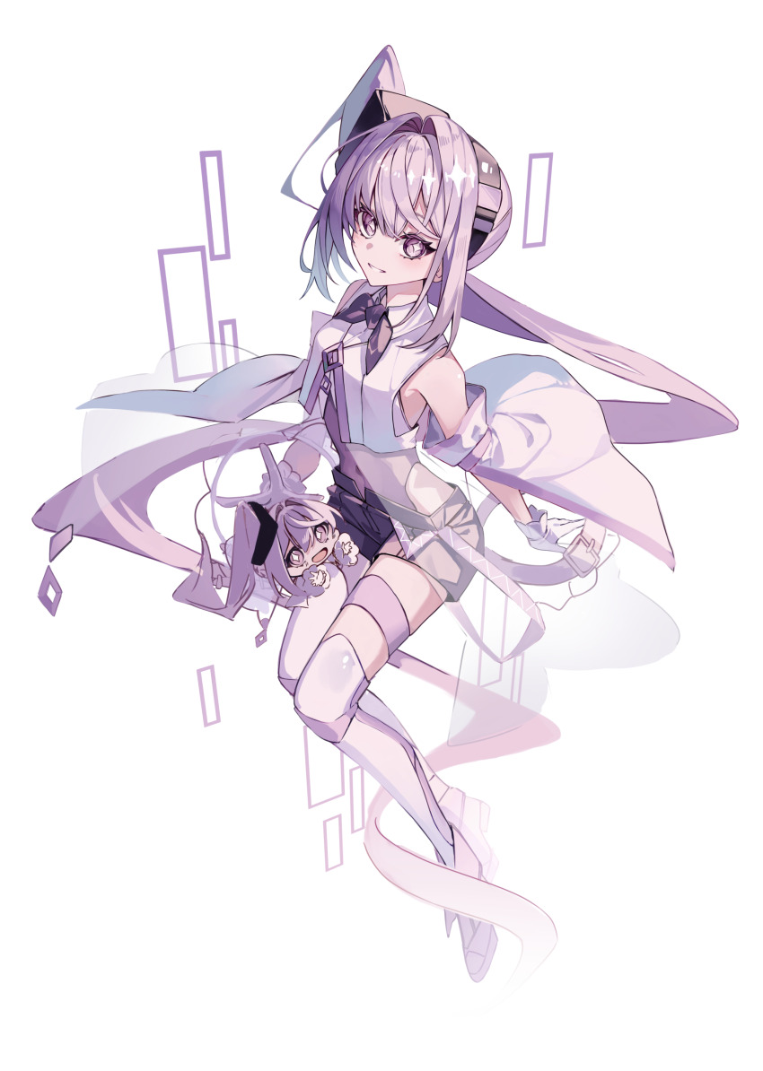2girls, absurdres, ai-chan_(arcaea), arcaea, asymmetrical_legwear, bare_shoulders, black_neckerchief, black_shorts, chibi, collared_shirt, commentary, covered_navel, crop_top, detached_sleeves, gloves, hair_between_eyes, hair_intakes, highres, leotard, long_hair, looking_at_viewer, miyu_(miy_u1308), multiple_girls, neckerchief, parted_lips, purple_eyes, purple_hair, shirt, short_shorts, shorts, sidelocks, sleeveless, sleeveless_shirt, smile, thigh_strap, thighhighs, very_long_hair, white_background, white_gloves, white_shirt