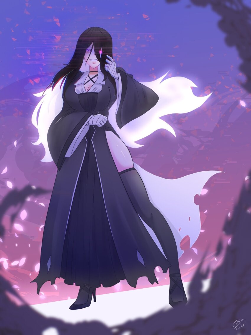 1girl, bandaged_arm, bandages, black_choker, black_dress, black_hair, black_shoes, black_thighhighs