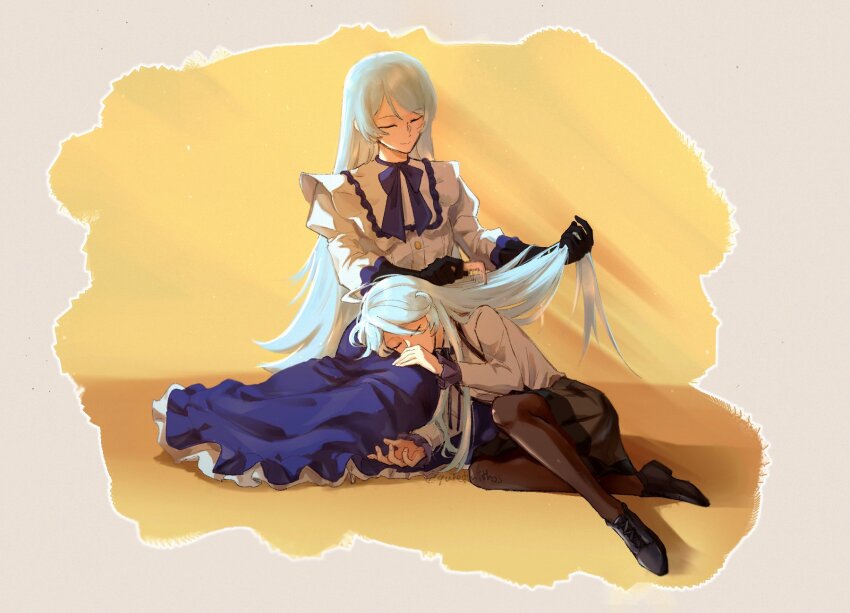 2girls, beatrice_frega, black_gloves, black_pantyhose, black_shoes, black_skirt, blue_hair, brushing_hair