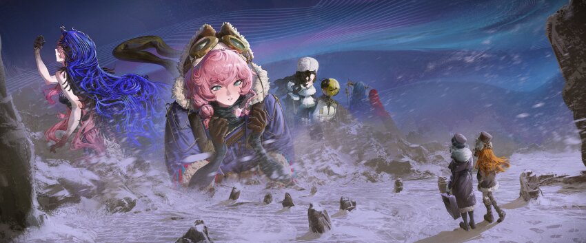 6+girls, absurdres, arcana_(reverse:1999), aurora, black_hair, blizzard, blue_eyes, blue_hair