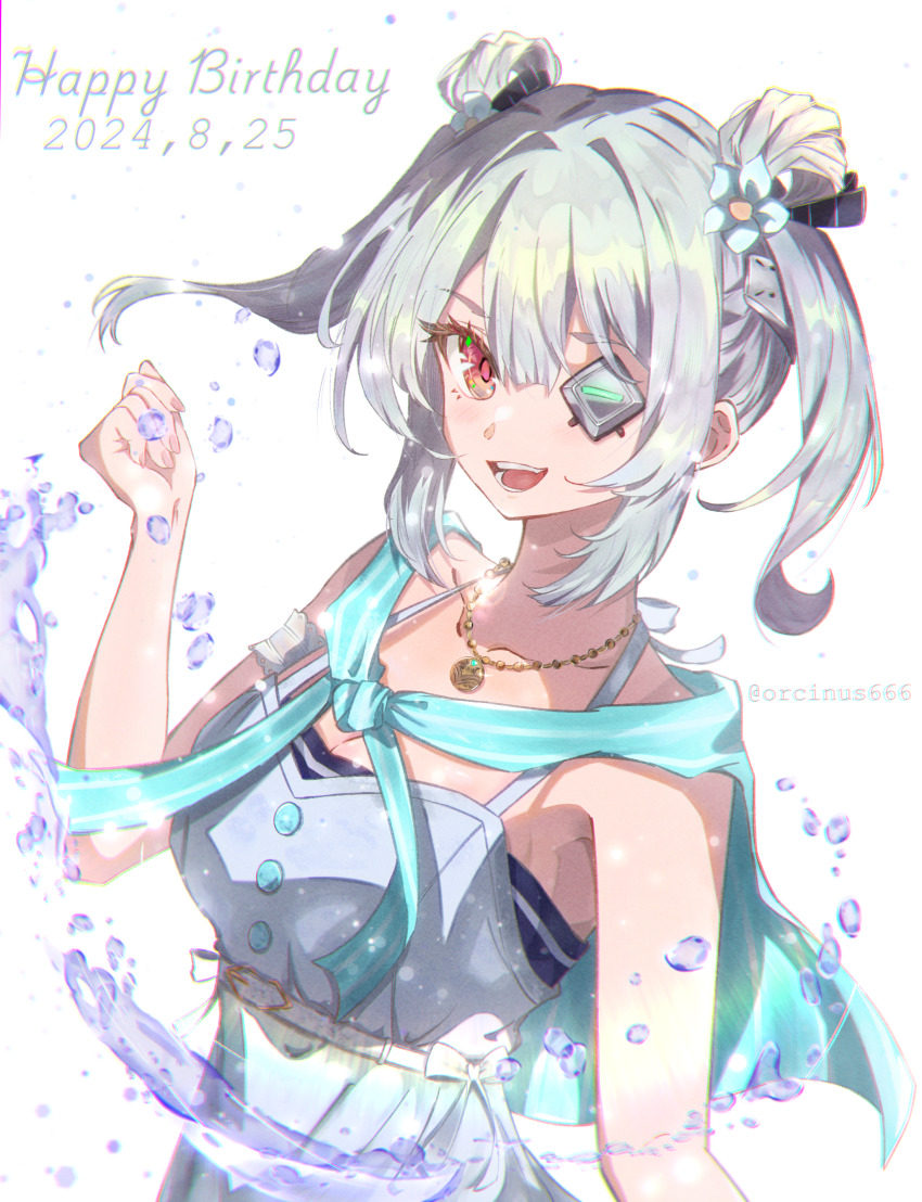 1girl, absurdres, commentary_request, double_bun, eyepatch, grey_hair, hair_bun, happy_birthday