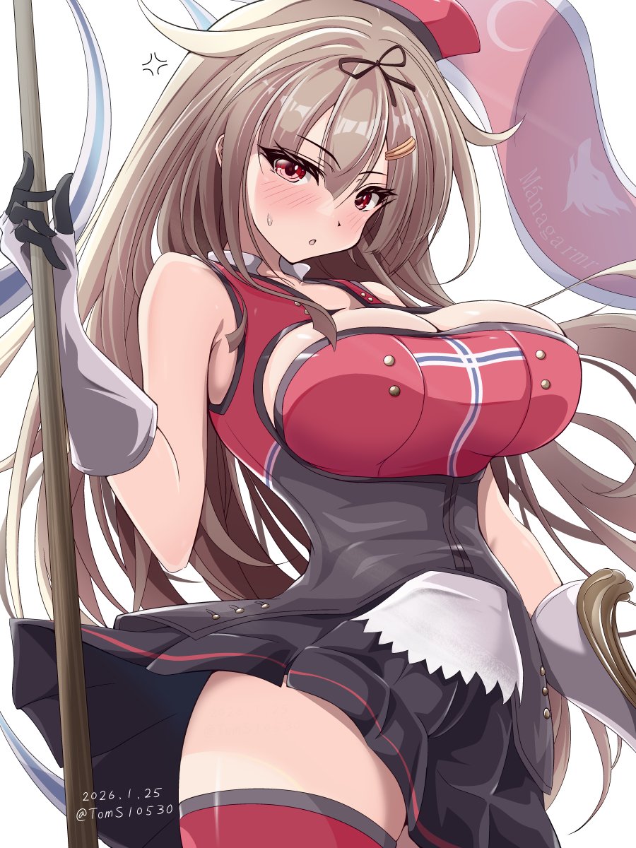 1girl, anger_vein, bare_shoulders, black_dress, black_gloves, blonde_hair, breasts, cleavage