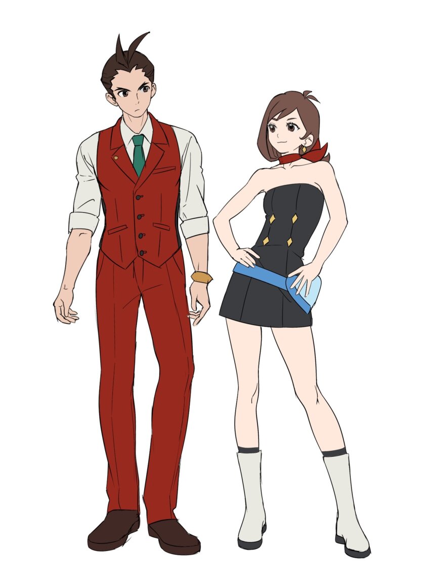 1boy, 1girl, ace_attorney, antenna_hair, apollo_justice, apollo_justice:_ace_attorney, bare_arms, bare_shoulders