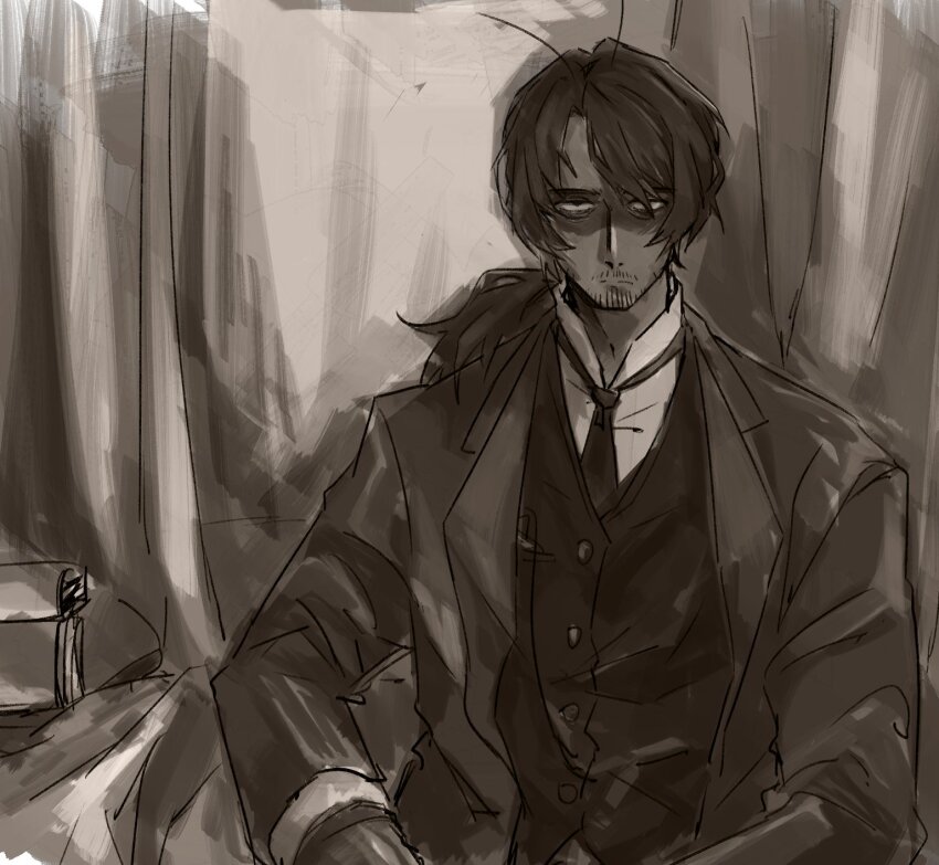 1boy, alternate_costume, antenna_hair, bags_under_eyes, beard_stubble, coat, collared_shirt, commentary