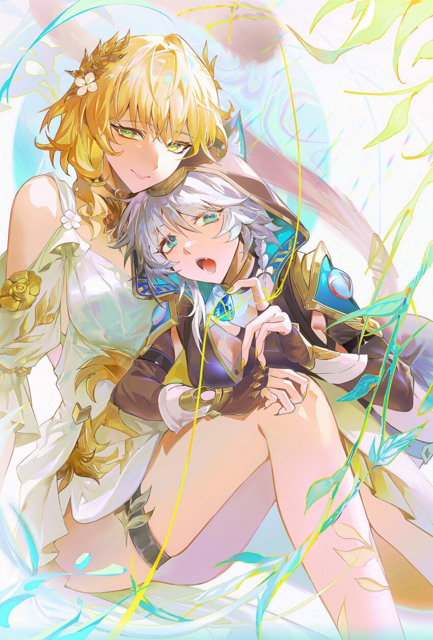 2girls, absurdres, aglaea_(honkai:_star_rail), animal_ears, blonde_hair, blue_eyes, bow, breasts