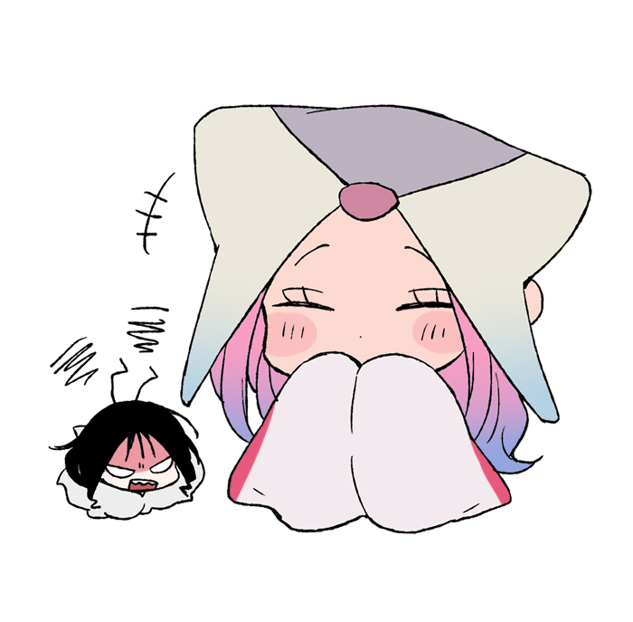 +++, 2girls, alien_stage, black_hair, blank_eyes, blue_hair, closed_eyes, commentary