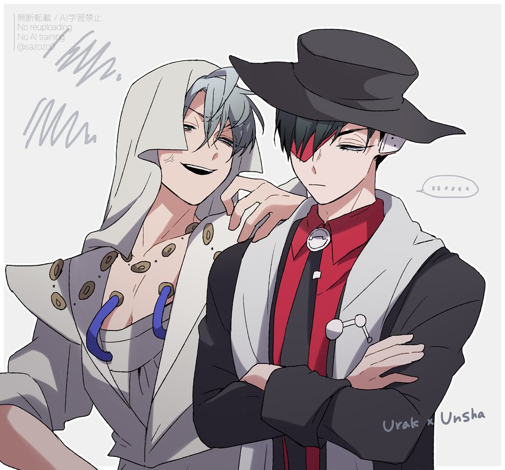 ..., 2boys, alien_stage, anger_vein, black_coat, black_hat, black_necktie, coat