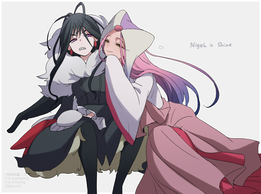 2girls, alien_stage, black_dress, black_hair, black_pantyhose, commentary_request, dress, earrings