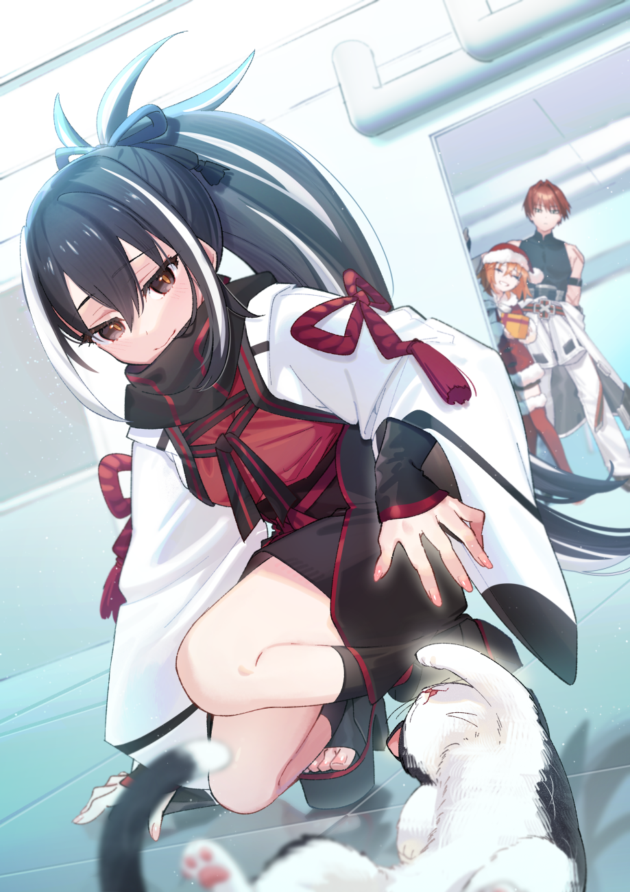 1boy, 2girls, animal, armband, belt, black_hair, black_ribbon, black_scarf